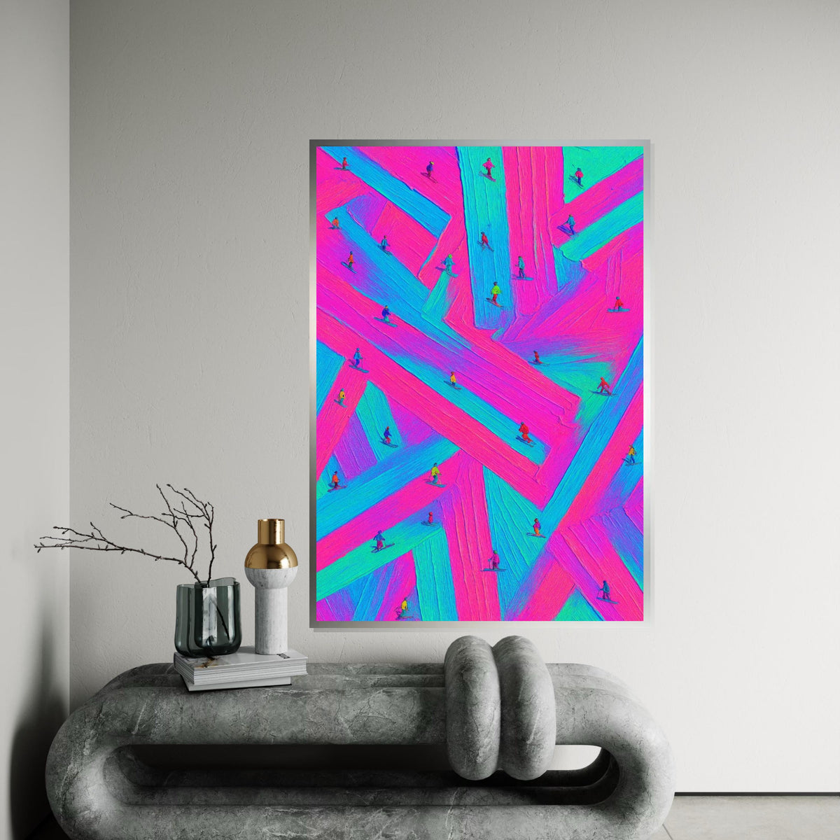 Neon Skiers Canvas, Vibrant Ski Art, Multicolor Wall Print, Winter Wonderland Decor, Wall Art Canvas Design, Ready To Hang Decoration