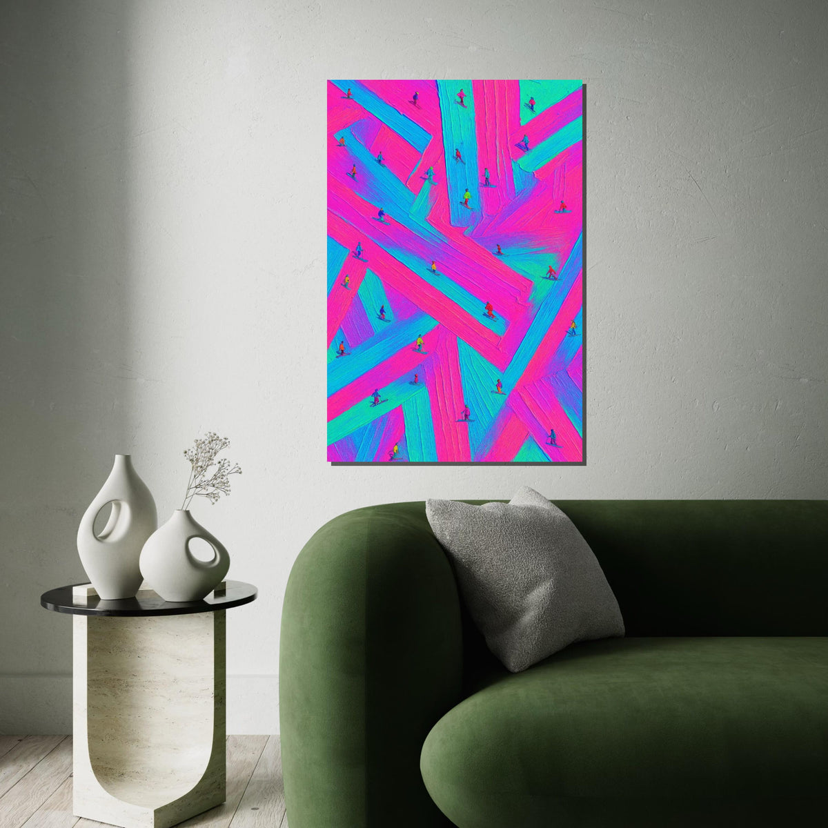 Neon Skiers Canvas, Vibrant Ski Art, Multicolor Wall Print, Winter Wonderland Decor, Wall Art Canvas Design, Ready To Hang Decoration