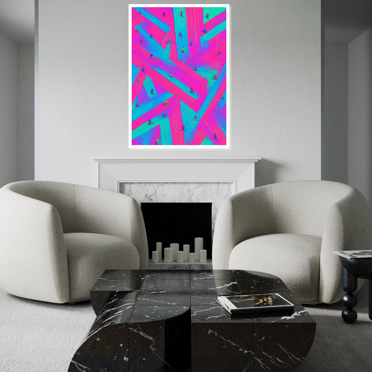 Neon Skiers Canvas, Vibrant Ski Art, Multicolor Wall Print, Winter Wonderland Decor, Wall Art Canvas Design, Ready To Hang Decoration