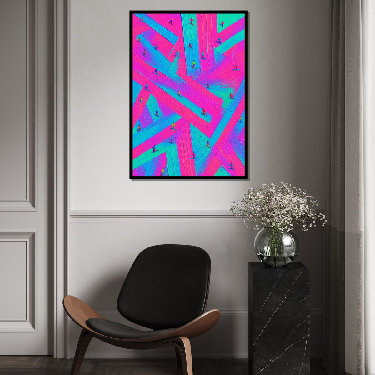 Neon Skiers Canvas, Vibrant Ski Art, Multicolor Wall Print, Winter Wonderland Decor, Wall Art Canvas Design, Ready To Hang Decoration
