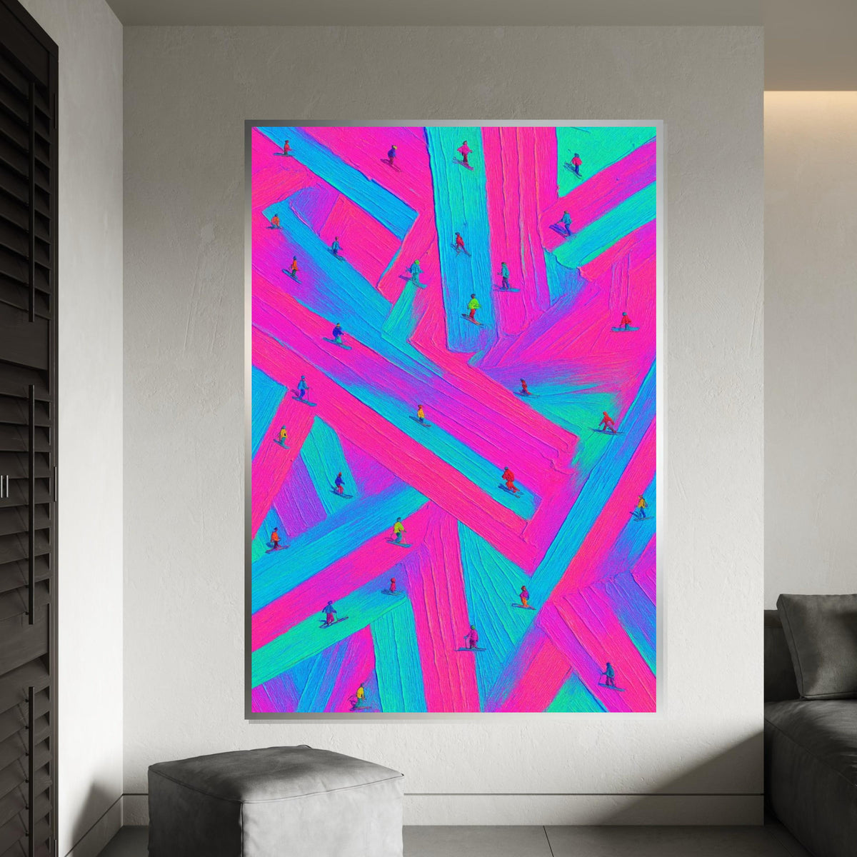 Neon Skiers Canvas, Vibrant Ski Art, Multicolor Wall Print, Winter Wonderland Decor, Wall Art Canvas Design, Ready To Hang Decoration
