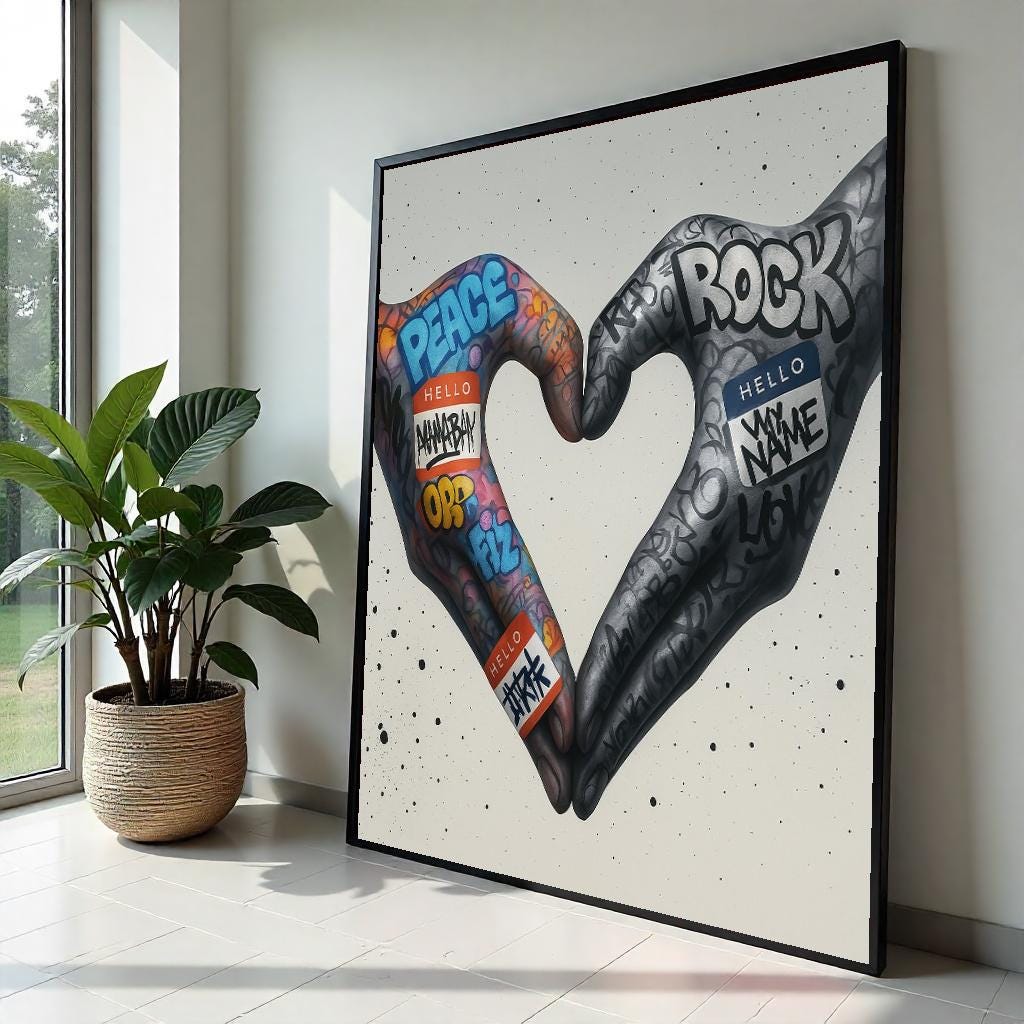 Graffiti Heart Hands Canvas, Peace Love Art, Street Art Poster, Wall Art Canvas Design, Modern Urban Decor, Ready To Hang Decoration