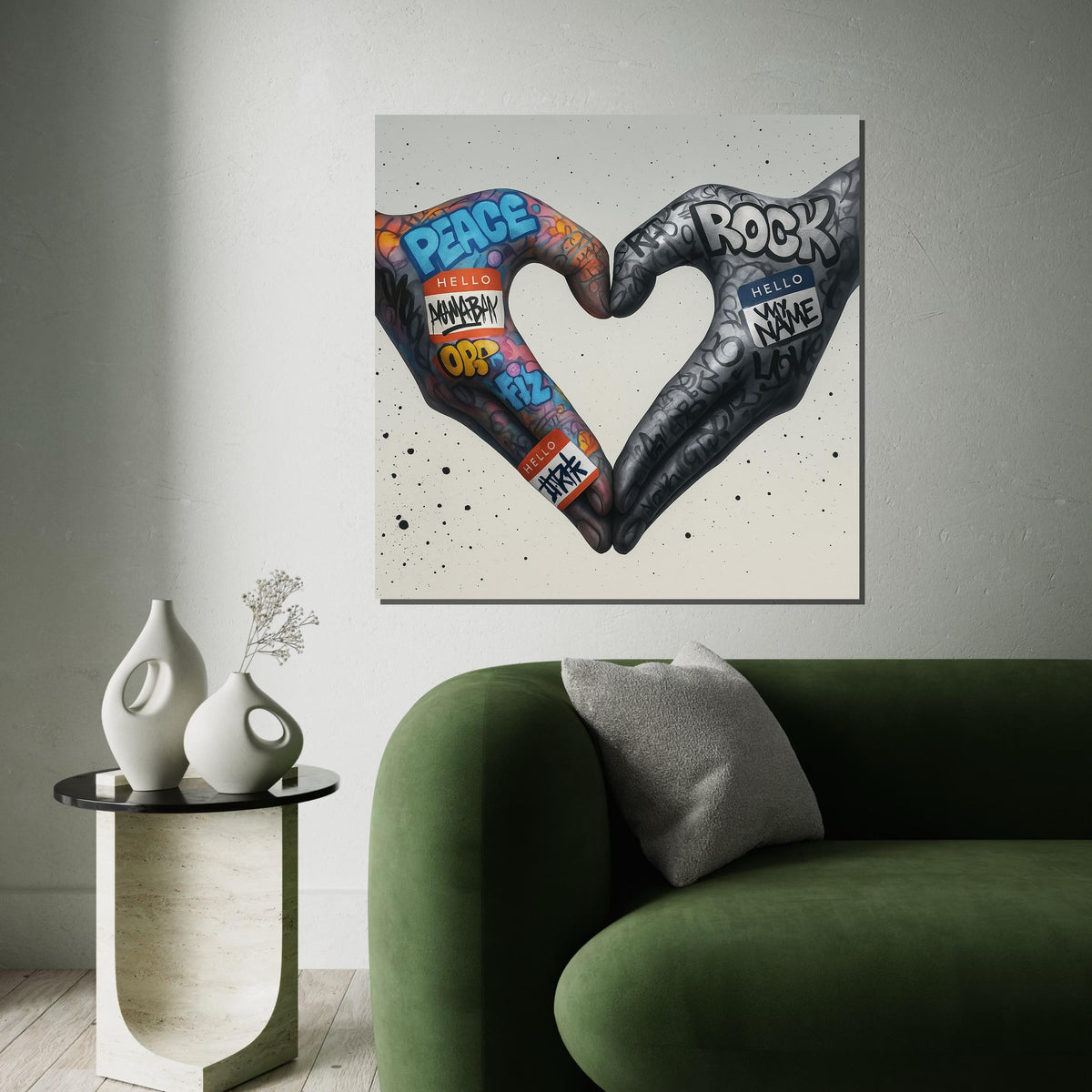 Graffiti Heart Hands Canvas, Peace Love Art, Street Art Poster, Wall Art Canvas Design, Modern Urban Decor, Ready To Hang Decoration