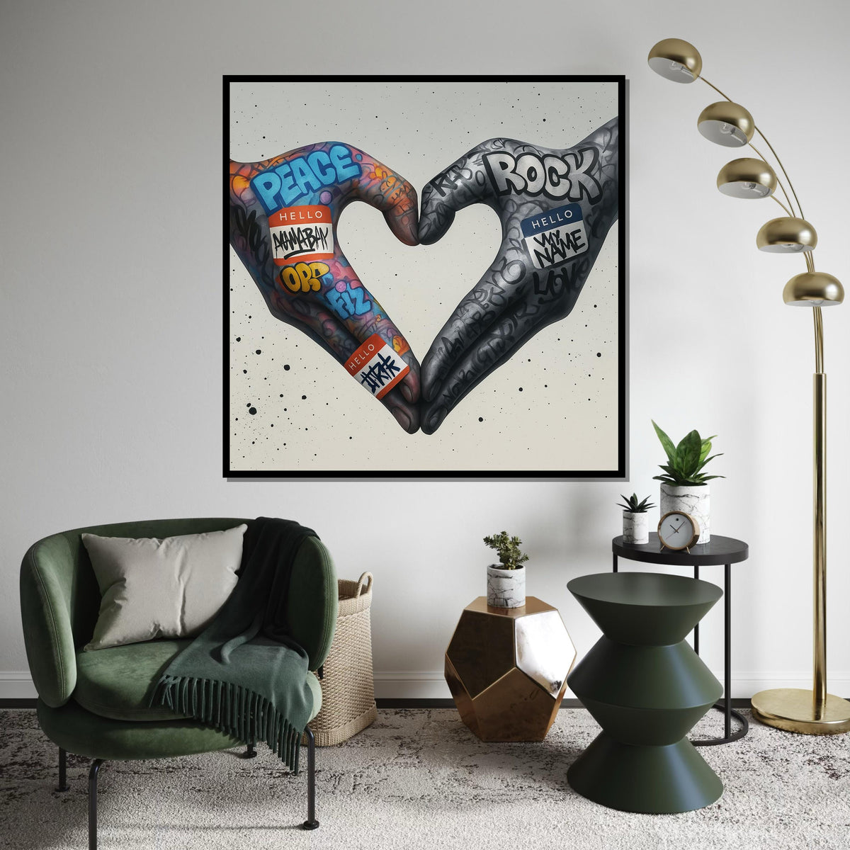 Graffiti Heart Hands Canvas, Peace Love Art, Street Art Poster, Wall Art Canvas Design, Modern Urban Decor, Ready To Hang Decoration