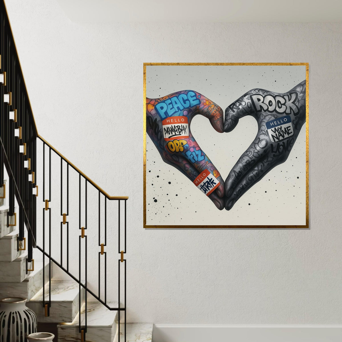 Graffiti Heart Hands Canvas, Peace Love Art, Street Art Poster, Wall Art Canvas Design, Modern Urban Decor, Ready To Hang Decoration