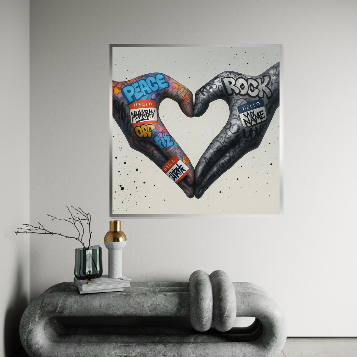 Graffiti Heart Hands Canvas, Peace Love Art, Street Art Poster, Wall Art Canvas Design, Modern Urban Decor, Ready To Hang Decoration