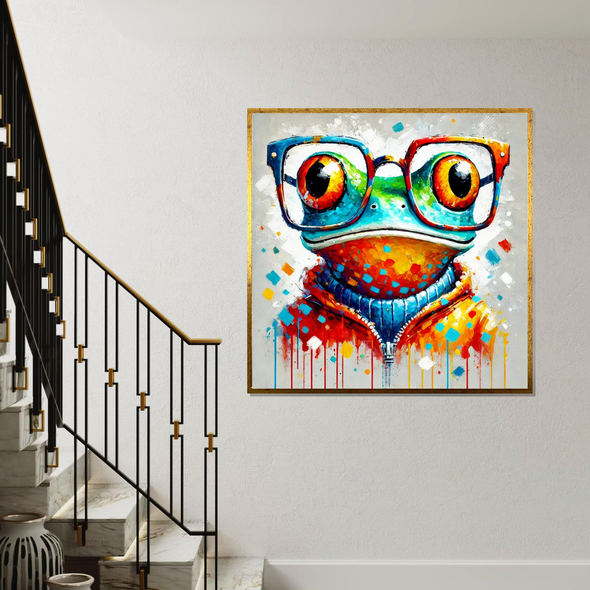 Colorful Frog Canvas, Quirky Frog in Glasses Art, Animal Wall Art, Multicolor Frog Poster, Wall Art Canvas Design, Ready To Hang Decor