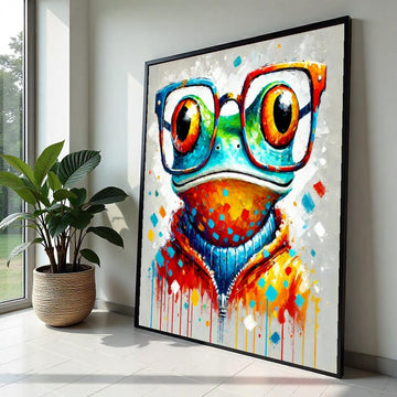 Colorful Frog Canvas, Quirky Frog in Glasses Art, Animal Wall Art, Multicolor Frog Poster, Wall Art Canvas Design, Ready To Hang Decor