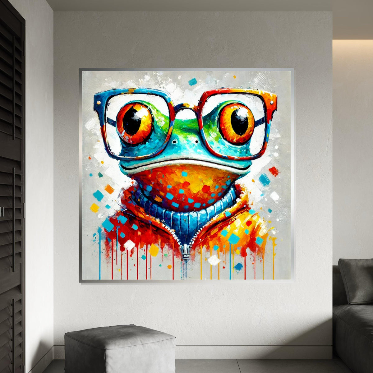 Colorful Frog Canvas, Quirky Frog in Glasses Art, Animal Wall Art, Multicolor Frog Poster, Wall Art Canvas Design, Ready To Hang Decor