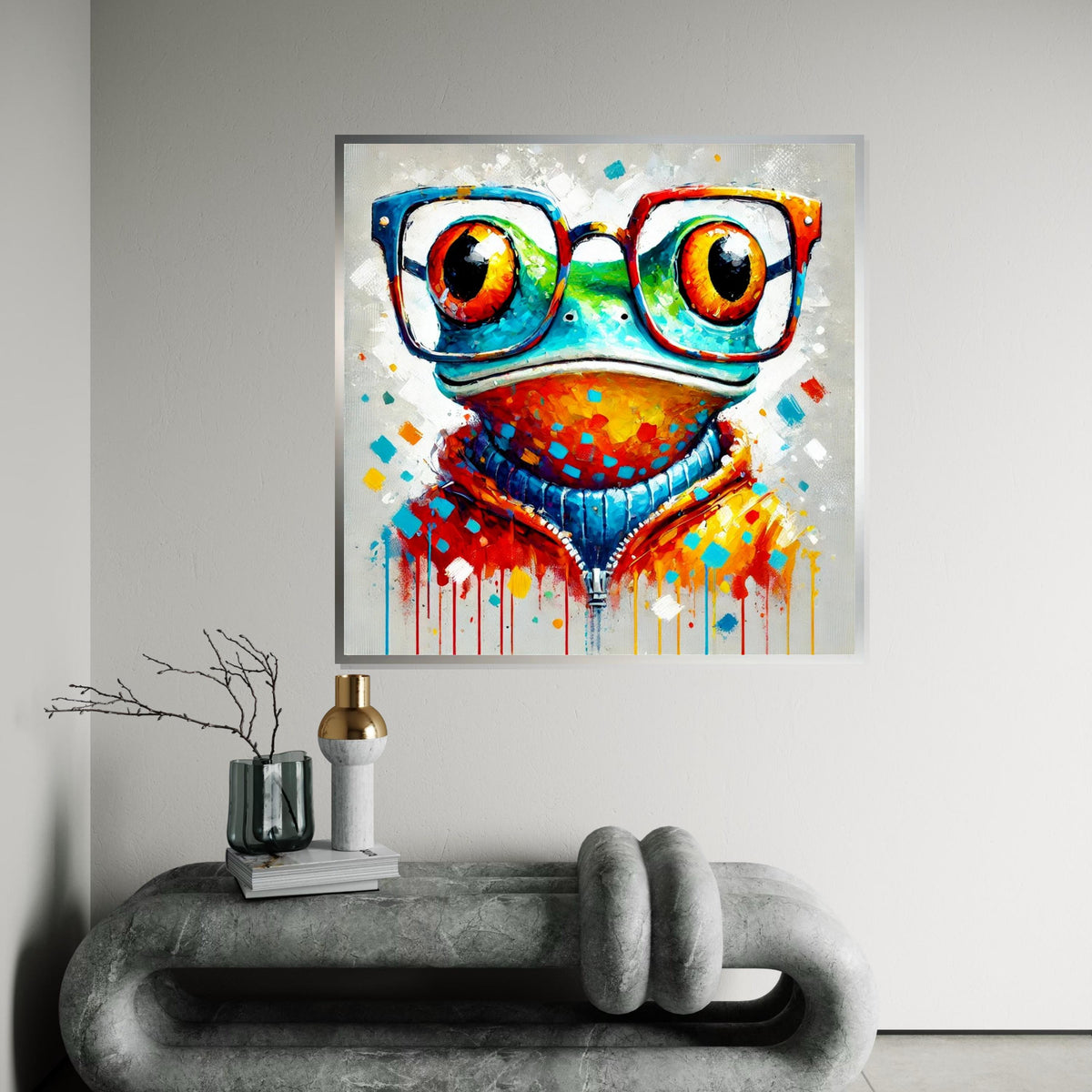 Colorful Frog Canvas, Quirky Frog in Glasses Art, Animal Wall Art, Multicolor Frog Poster, Wall Art Canvas Design, Ready To Hang Decor