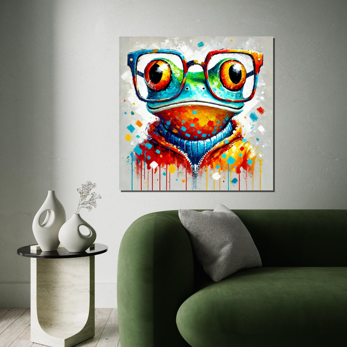 Colorful Frog Canvas, Quirky Frog in Glasses Art, Animal Wall Art, Multicolor Frog Poster, Wall Art Canvas Design, Ready To Hang Decor
