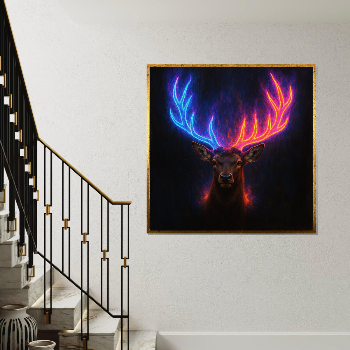 Neon Antlers Deer Canvas, Colorful Stag Wall Art, Animal Poster, Wall Art Canvas Design, Ready to Hang Home Decor