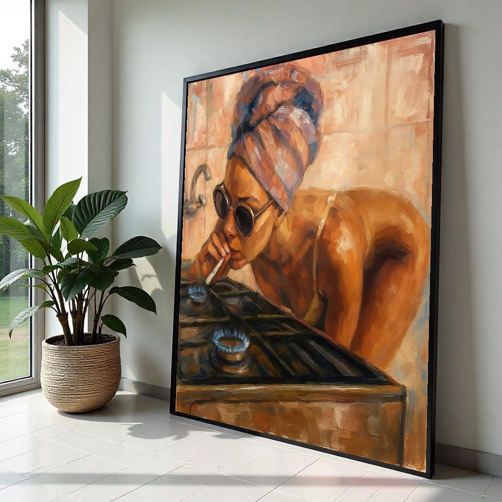Smoking Woman Canvas, Abstract Gas Stove Art, Vintage Portrait, Wall Art Canvas Design, Ready To Hang Decoration, Retro Style Painting