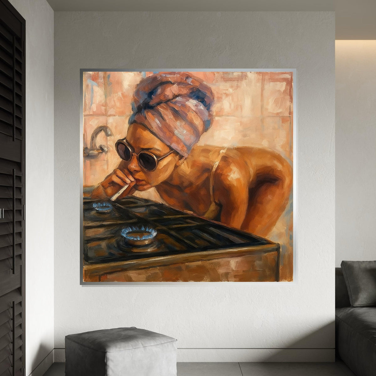 Smoking Woman Canvas, Abstract Gas Stove Art, Vintage Portrait, Wall Art Canvas Design, Ready To Hang Decoration, Retro Style Painting