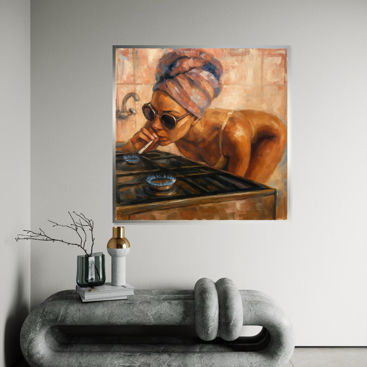 Smoking Woman Canvas, Abstract Gas Stove Art, Vintage Portrait, Wall Art Canvas Design, Ready To Hang Decoration, Retro Style Painting