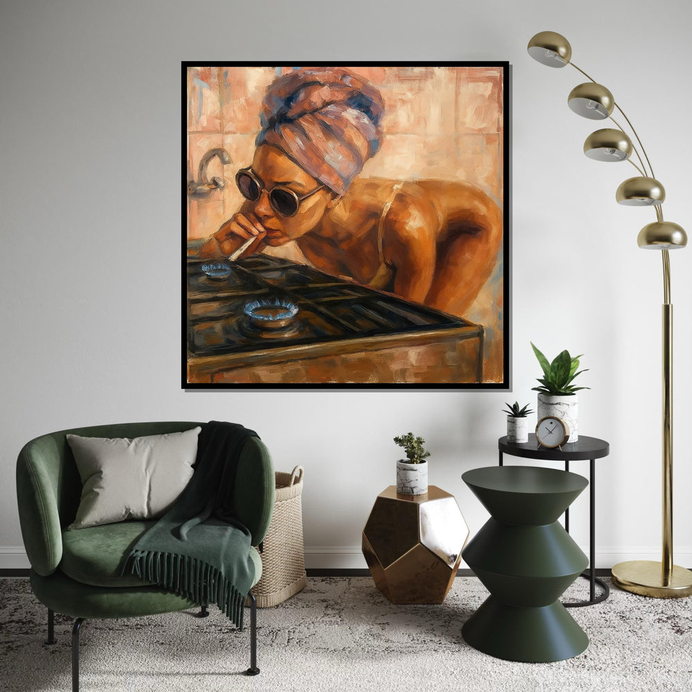 Smoking Woman Canvas, Abstract Gas Stove Art, Vintage Portrait, Wall Art Canvas Design, Ready To Hang Decoration, Retro Style Painting