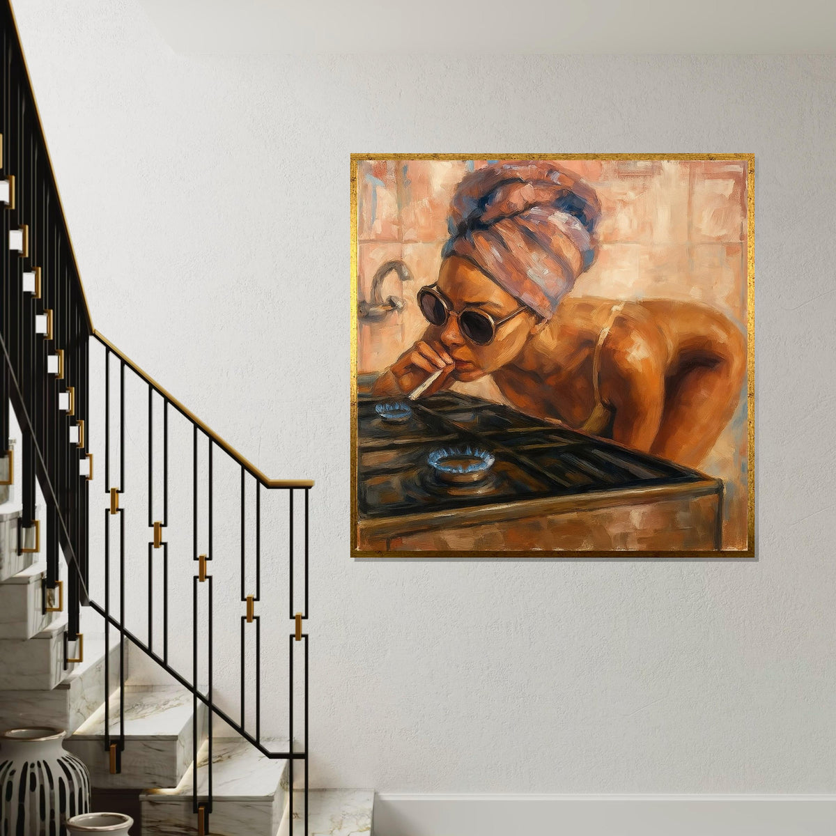 Smoking Woman Canvas, Abstract Gas Stove Art, Vintage Portrait, Wall Art Canvas Design, Ready To Hang Decoration, Retro Style Painting