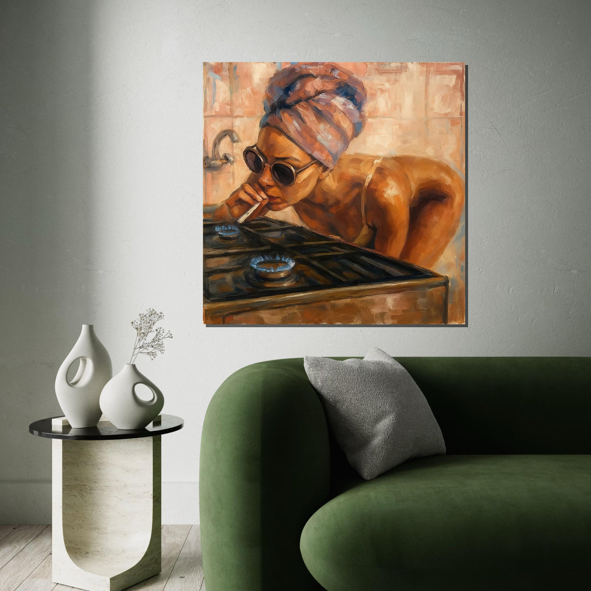 Smoking Woman Canvas, Abstract Gas Stove Art, Vintage Portrait, Wall Art Canvas Design, Ready To Hang Decoration, Retro Style Painting