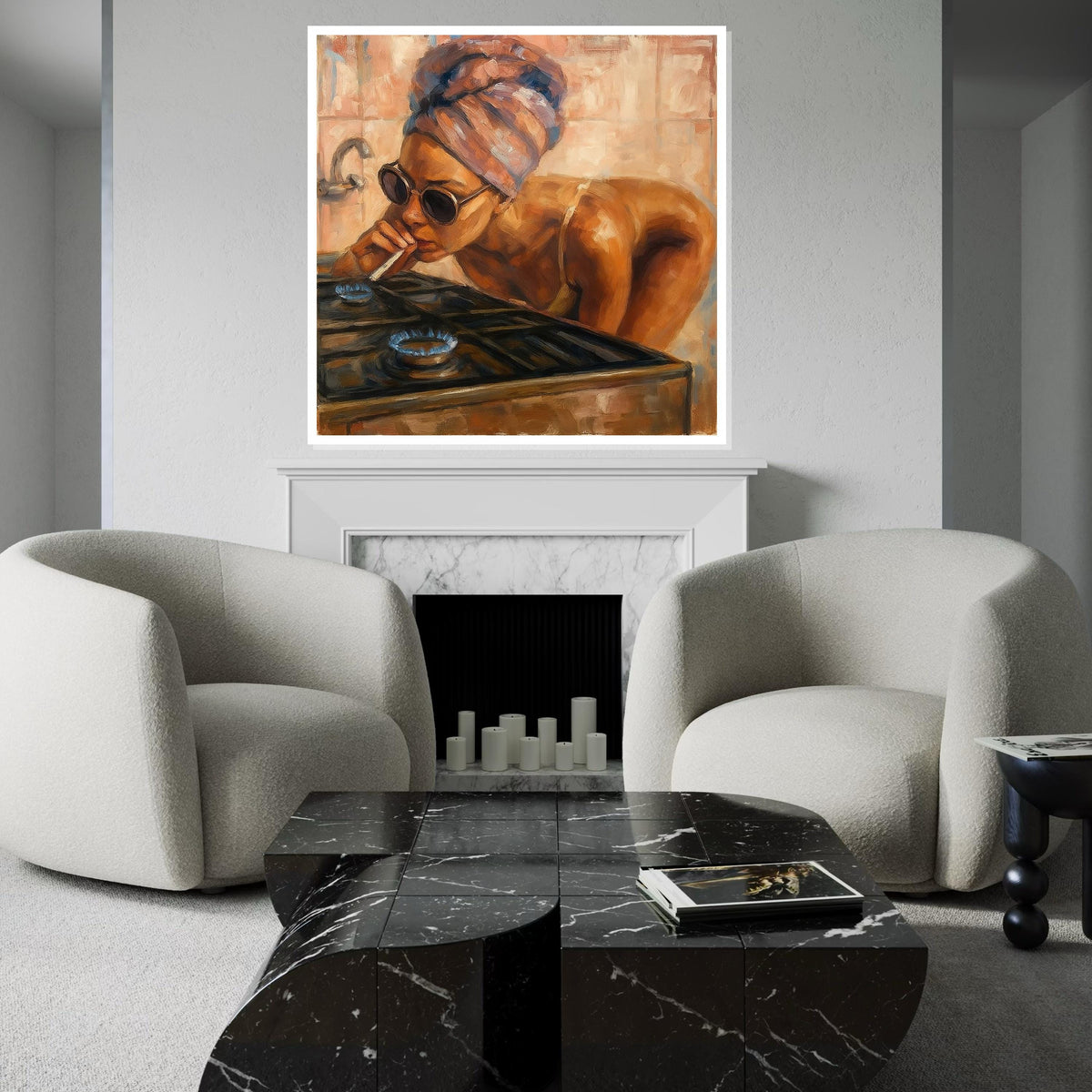 Smoking Woman Canvas, Abstract Gas Stove Art, Vintage Portrait, Wall Art Canvas Design, Ready To Hang Decoration, Retro Style Painting
