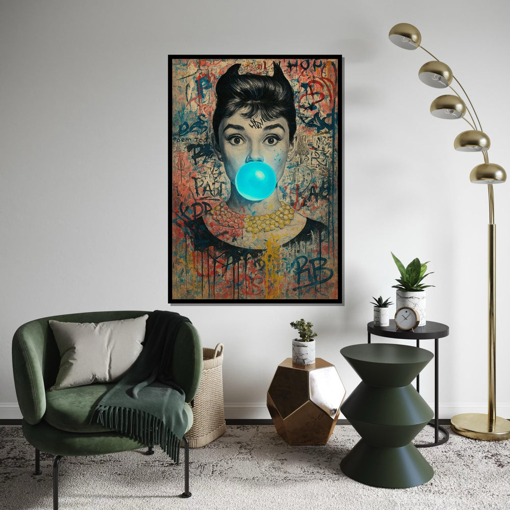 Hepburn Art, Classic Icon Graffiti Style Canvas, Pop Art Woman, Blue Bubblegum Portrait, Wall Art Canvas Design, Ready To Hang Decor