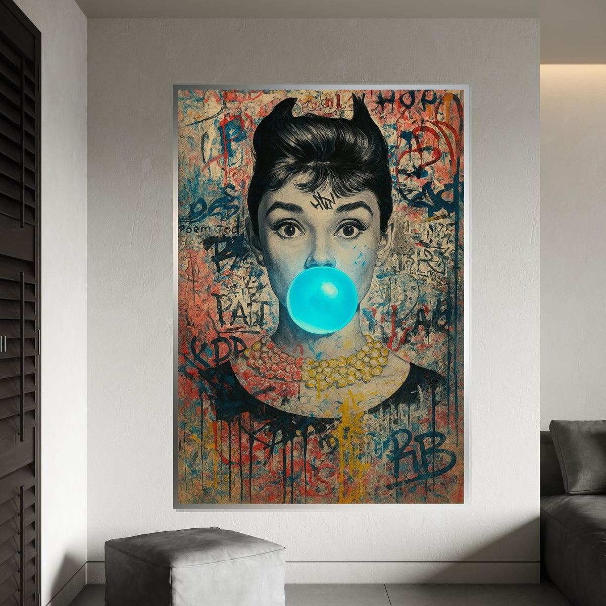 Hepburn Art, Classic Icon Graffiti Style Canvas, Pop Art Woman, Blue Bubblegum Portrait, Wall Art Canvas Design, Ready To Hang Decor