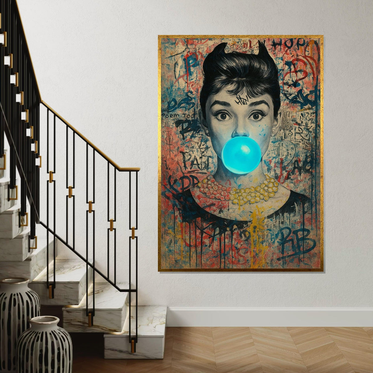 Hepburn Art, Classic Icon Graffiti Style Canvas, Pop Art Woman, Blue Bubblegum Portrait, Wall Art Canvas Design, Ready To Hang Decor