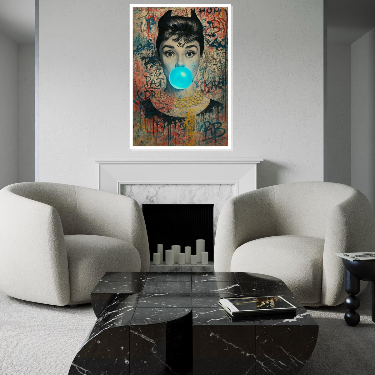 Hepburn Art, Classic Icon Graffiti Style Canvas, Pop Art Woman, Blue Bubblegum Portrait, Wall Art Canvas Design, Ready To Hang Decor