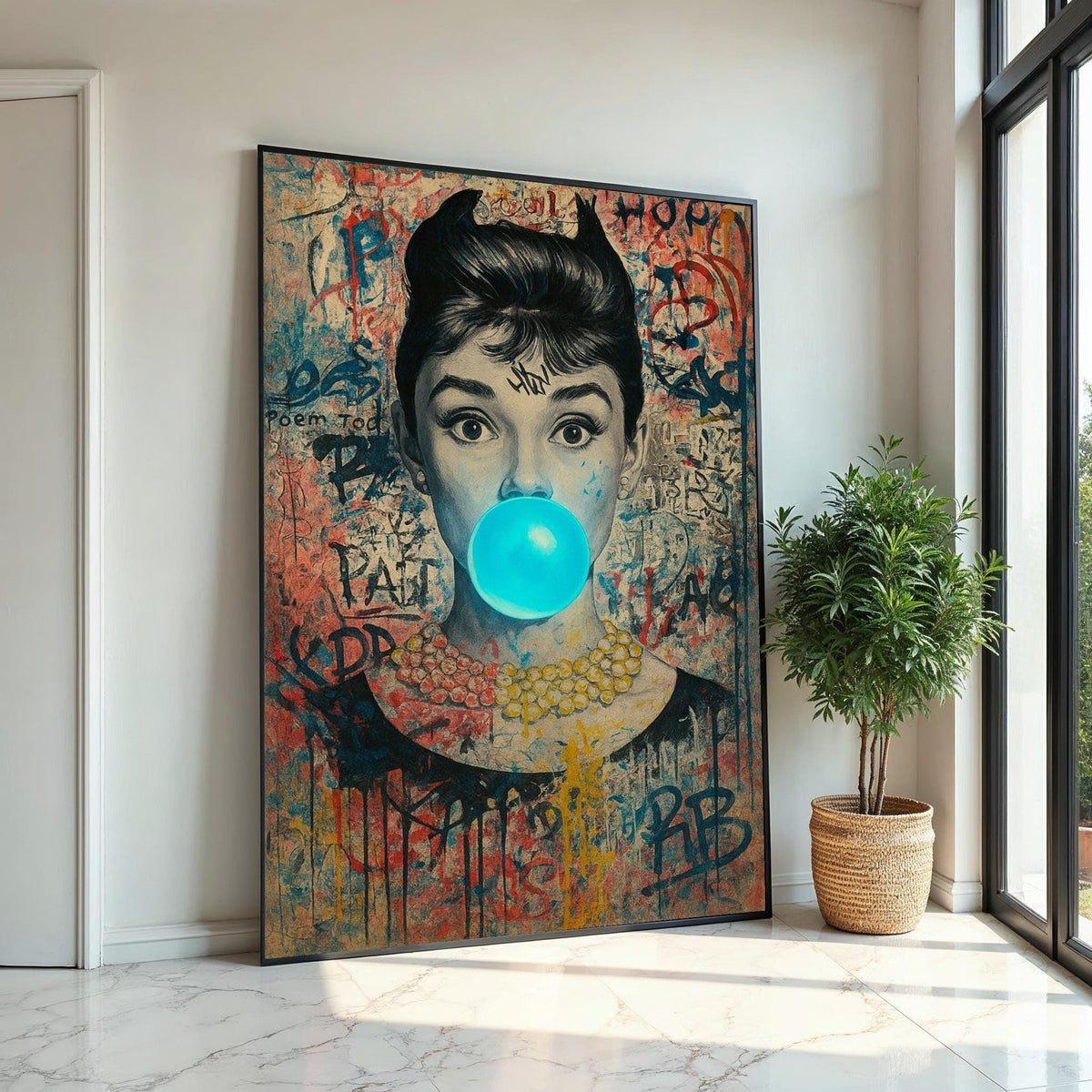 Hepburn Art, Classic Icon Graffiti Style Canvas, Pop Art Woman, Blue Bubblegum Portrait, Wall Art Canvas Design, Ready To Hang Decor