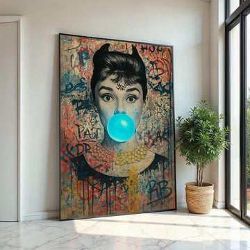 Hepburn Art, Classic Icon Graffiti Style Canvas, Pop Art Woman, Blue Bubblegum Portrait, Wall Art Canvas Design, Ready To Hang Decor
