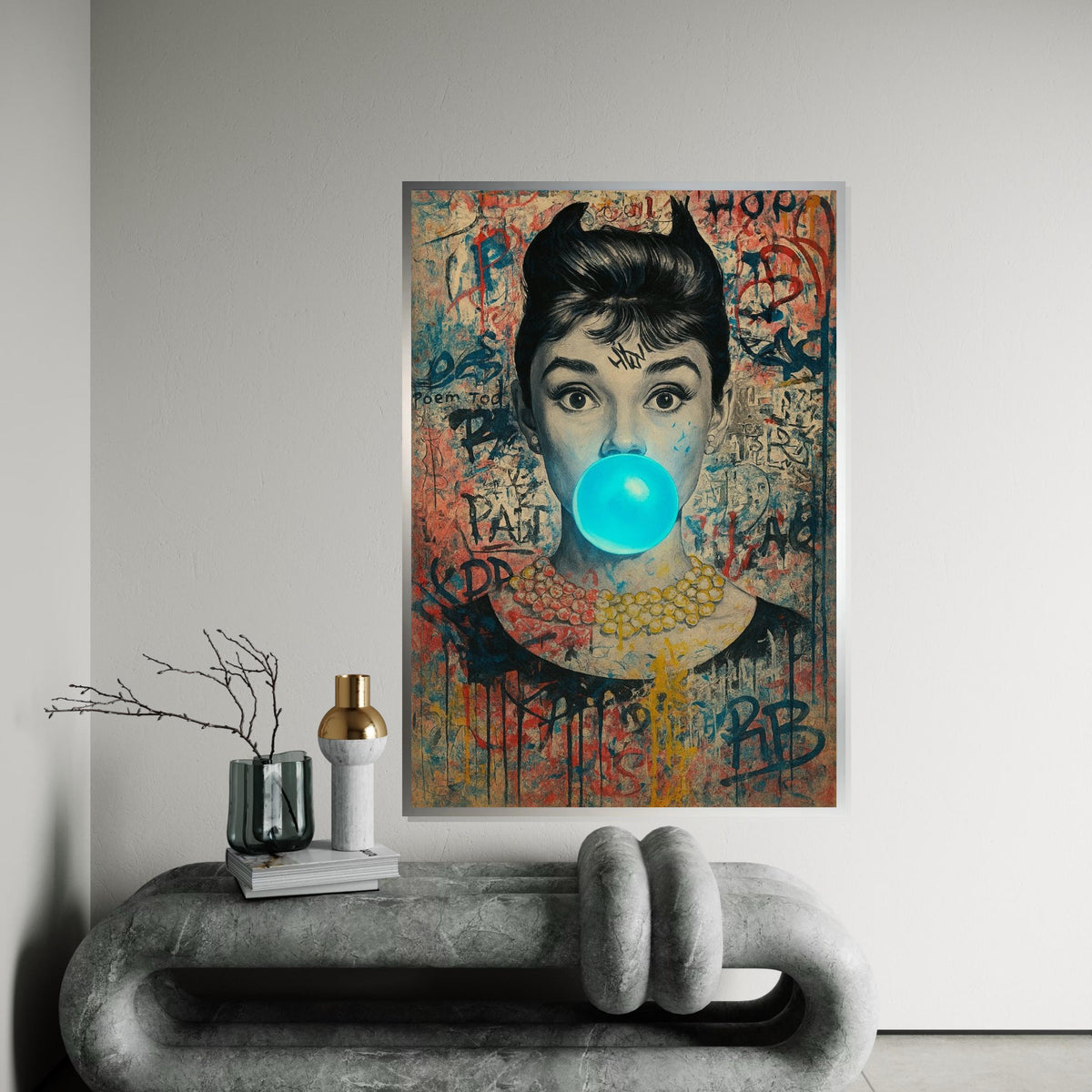 Hepburn Art, Classic Icon Graffiti Style Canvas, Pop Art Woman, Blue Bubblegum Portrait, Wall Art Canvas Design, Ready To Hang Decor