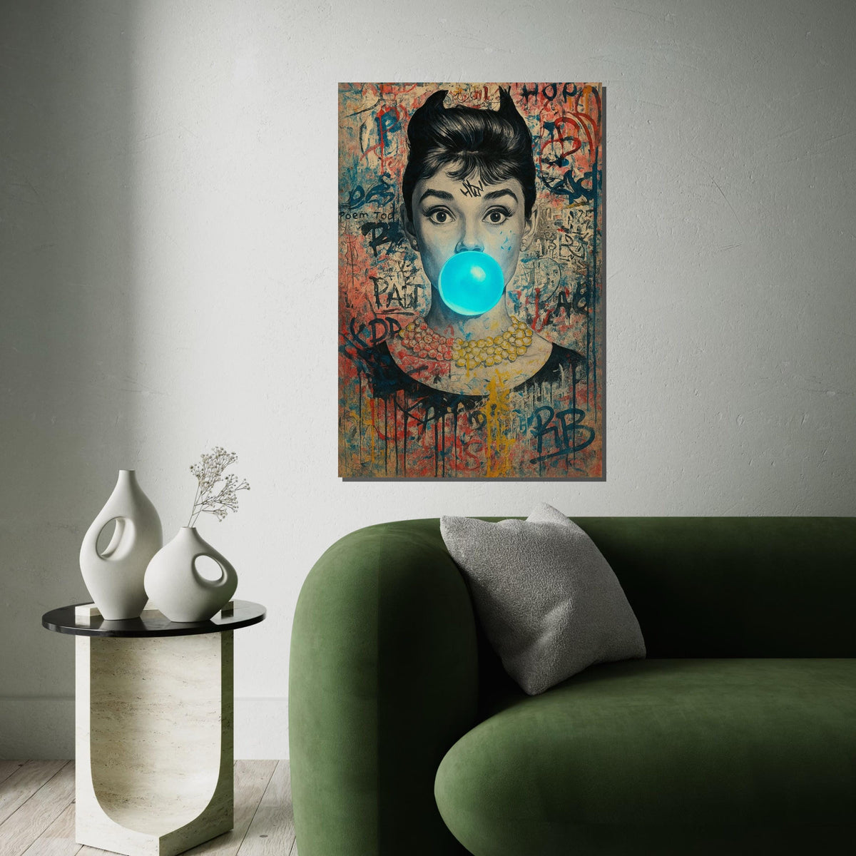 Hepburn Art, Classic Icon Graffiti Style Canvas, Pop Art Woman, Blue Bubblegum Portrait, Wall Art Canvas Design, Ready To Hang Decor