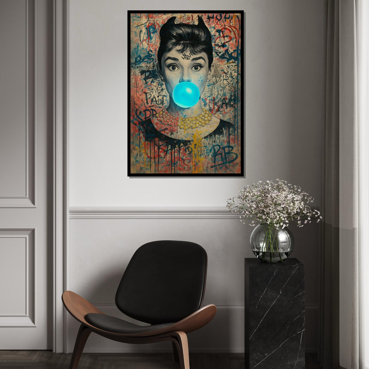 Hepburn Art, Classic Icon Graffiti Style Canvas, Pop Art Woman, Blue Bubblegum Portrait, Wall Art Canvas Design, Ready To Hang Decor