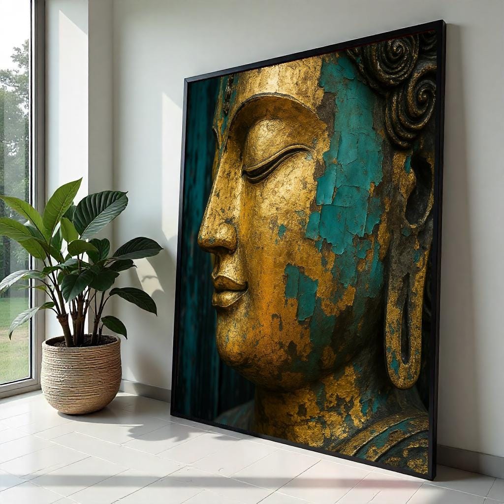 Golden Buddha Canvas, Peaceful Buddha Face, Asian Art, Buddha Canvas, Wall Art Canvas Design, Ready To Hang Decoration