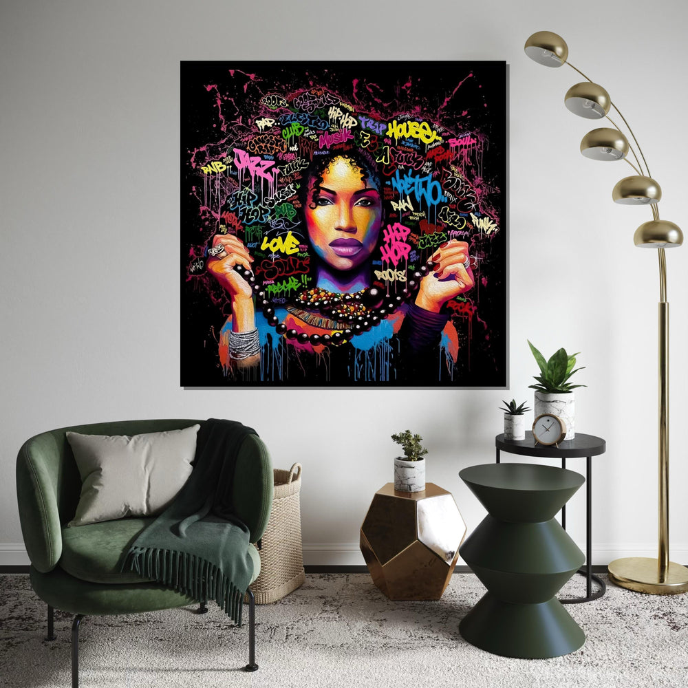 Vibrant Graffiti Woman Canvas, Urban Art Wall Decor, Colorful Street Art Poster, Wall Art Canvas Design, Ready to Hang Decoration
