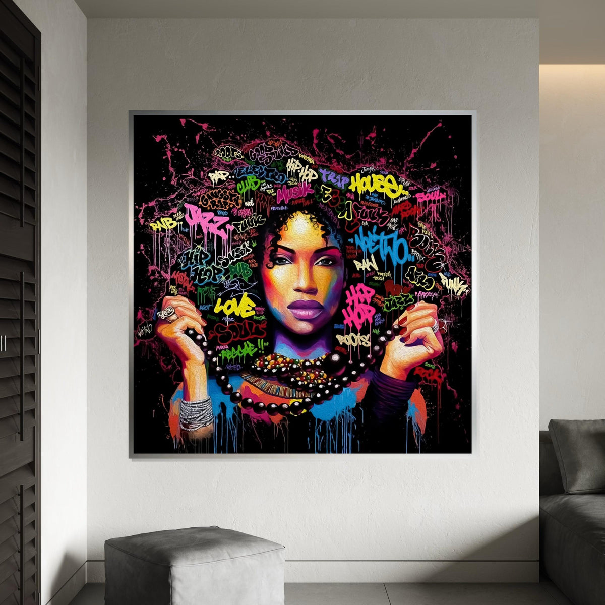 Vibrant Graffiti Woman Canvas, Urban Art Wall Decor, Colorful Street Art Poster, Wall Art Canvas Design, Ready to Hang Decoration