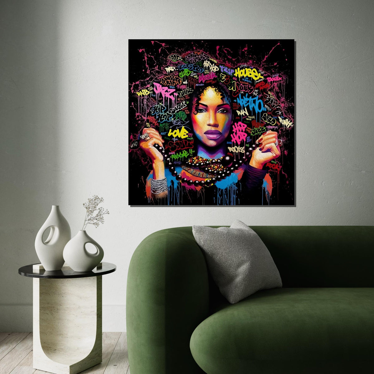 Vibrant Graffiti Woman Canvas, Urban Art Wall Decor, Colorful Street Art Poster, Wall Art Canvas Design, Ready to Hang Decoration