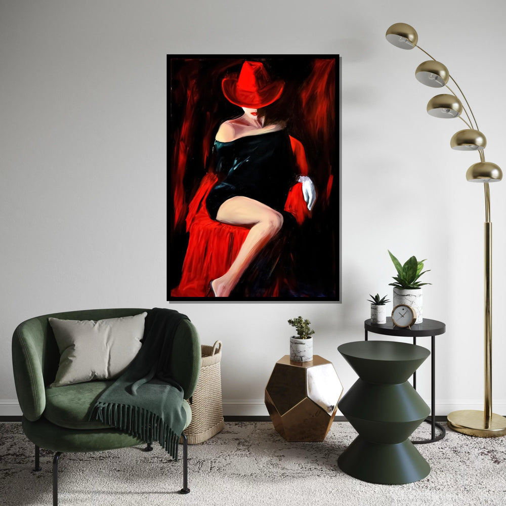 Red Hat Lady Canvas, Elegant Woman in Black Dress, Wall Art Canvas Design, Sophisticated Decor, Ready to Hang Artwork