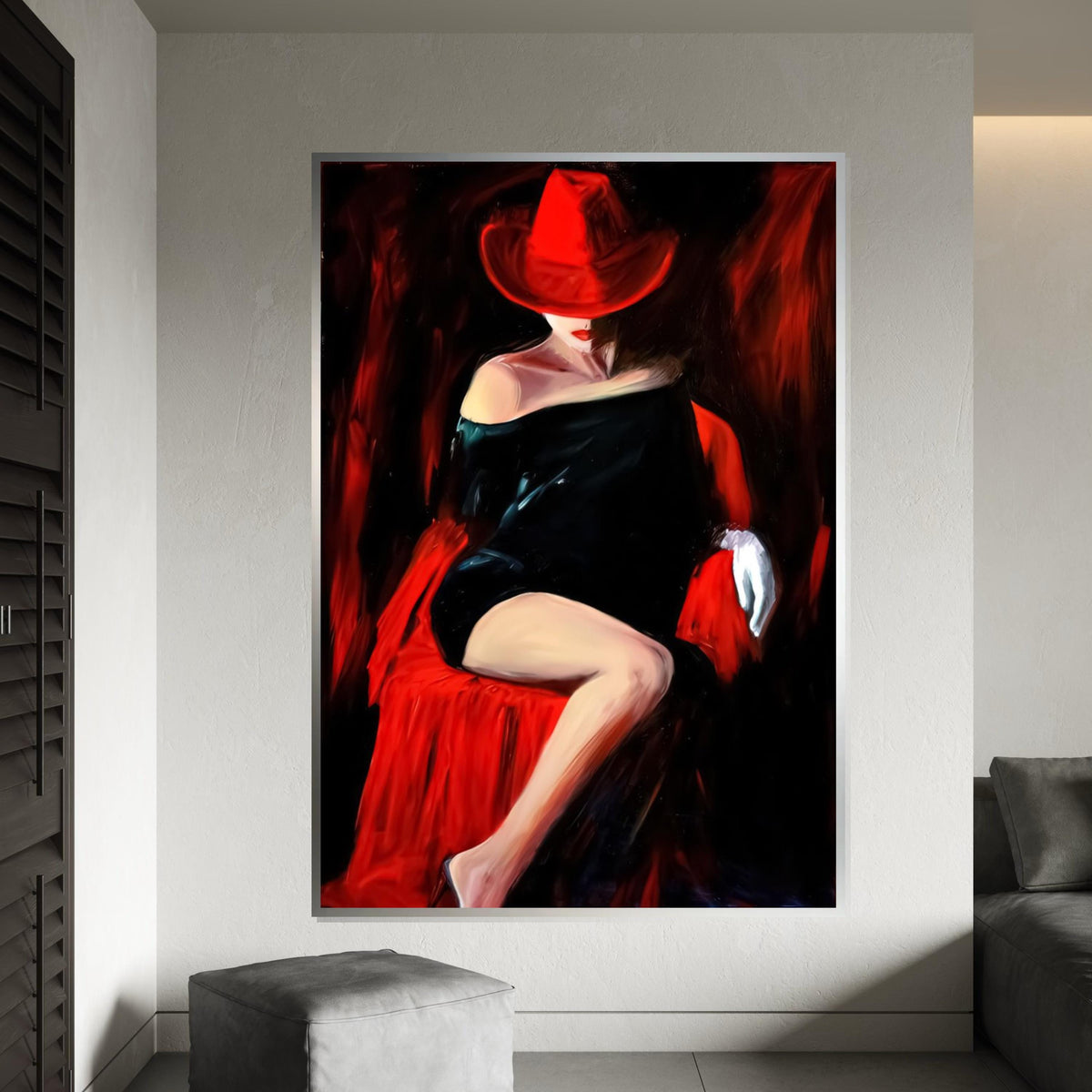 Red Hat Lady Canvas, Elegant Woman in Black Dress, Wall Art Canvas Design, Sophisticated Decor, Ready to Hang Artwork