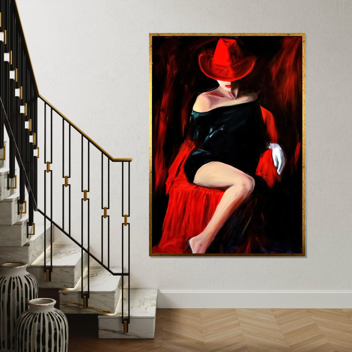 Red Hat Lady Canvas, Elegant Woman in Black Dress, Wall Art Canvas Design, Sophisticated Decor, Ready to Hang Artwork