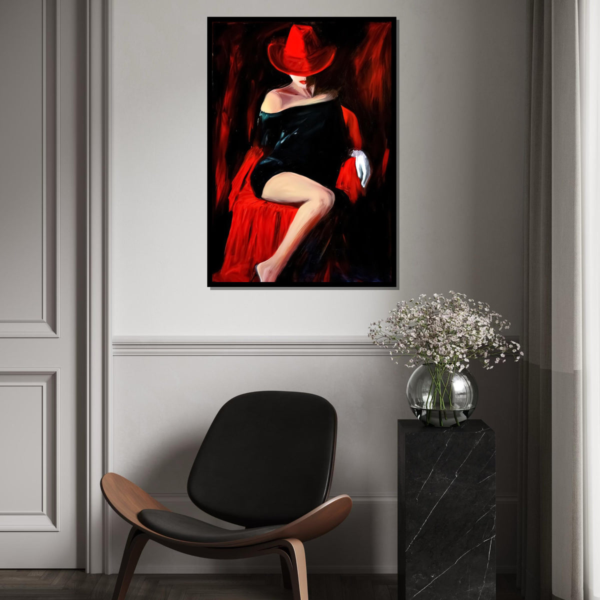 Red Hat Lady Canvas, Elegant Woman in Black Dress, Wall Art Canvas Design, Sophisticated Decor, Ready to Hang Artwork