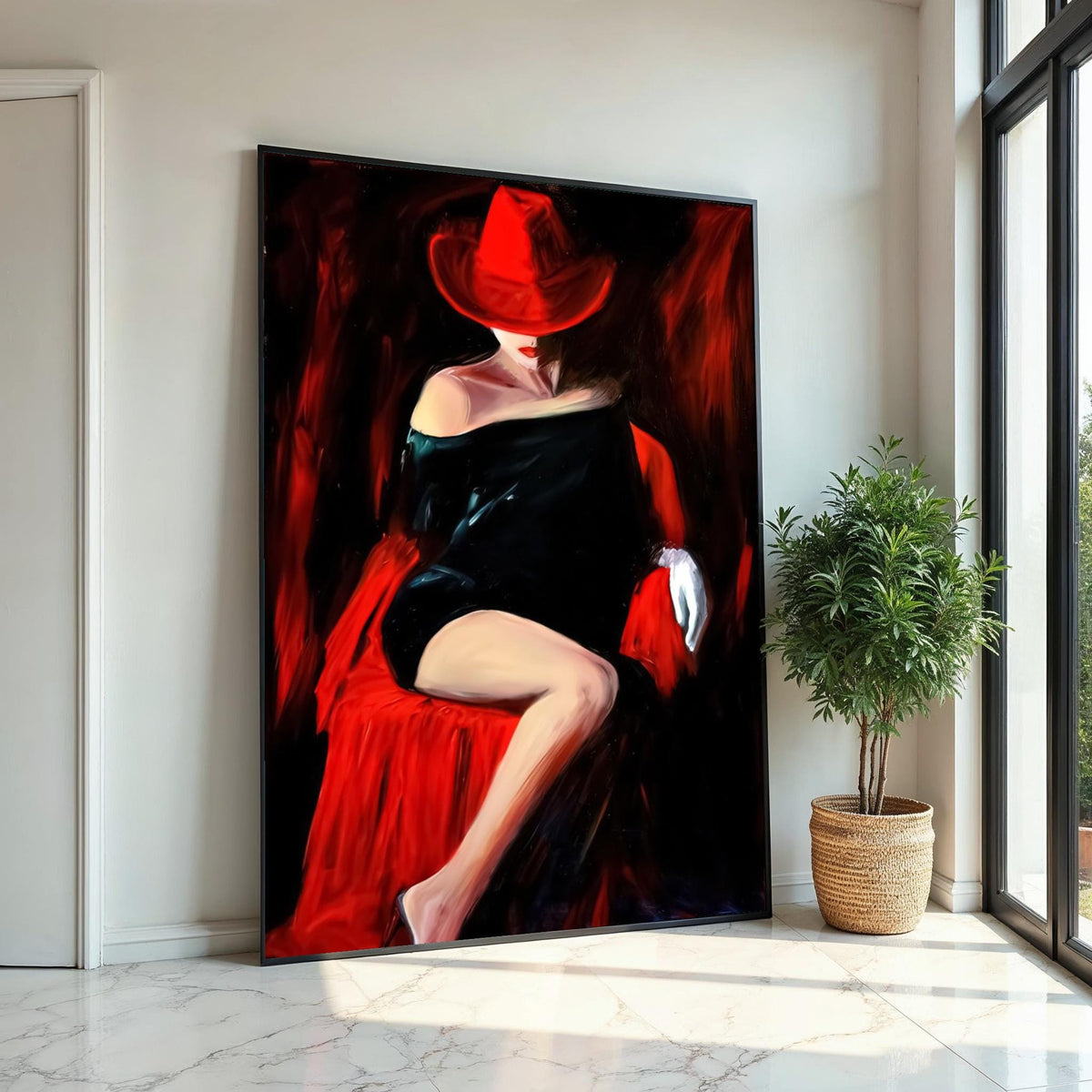 Red Hat Lady Canvas, Elegant Woman in Black Dress, Wall Art Canvas Design, Sophisticated Decor, Ready to Hang Artwork