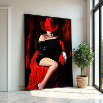 Red Hat Lady Canvas, Elegant Woman in Black Dress, Wall Art Canvas Design, Sophisticated Decor, Ready to Hang Artwork