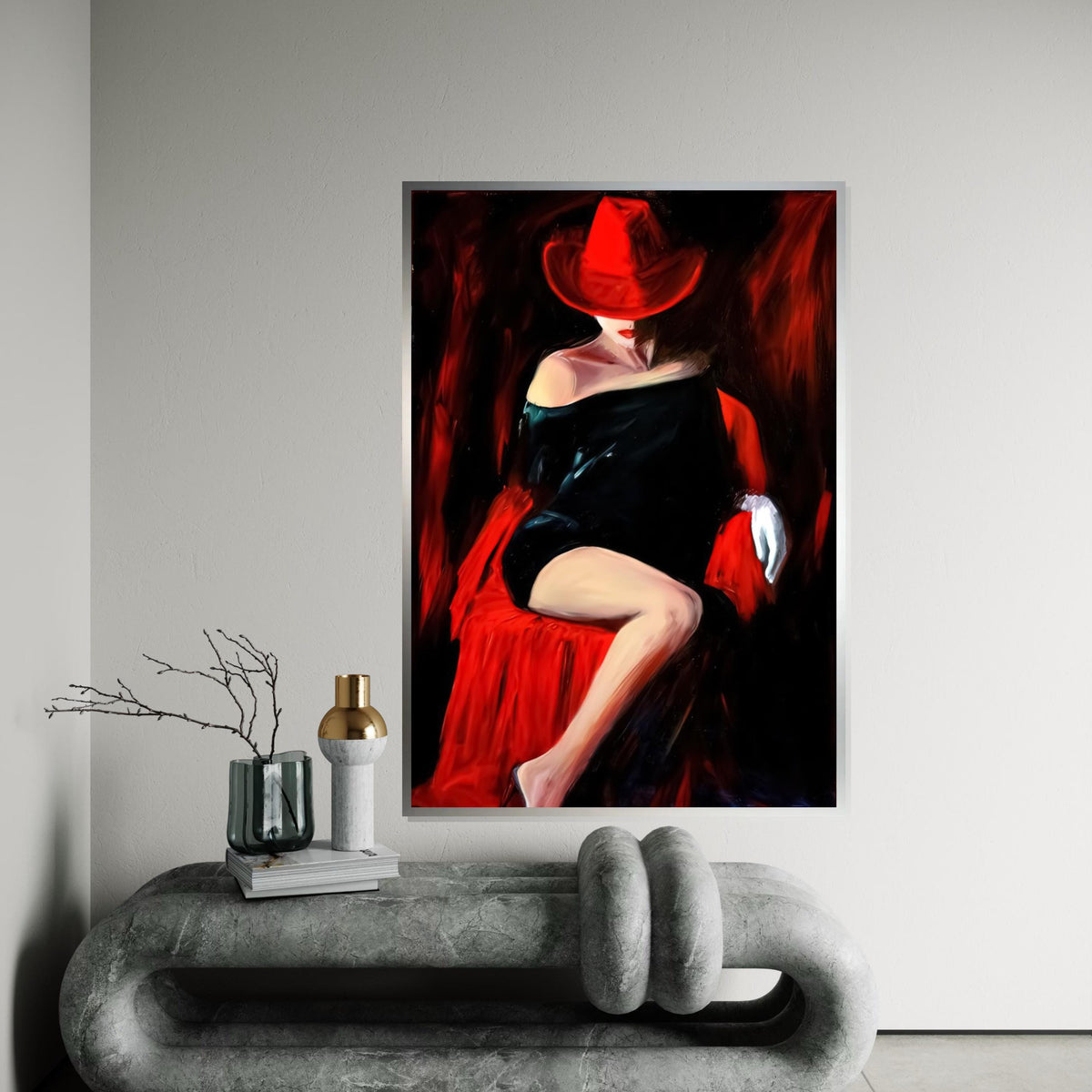 Red Hat Lady Canvas, Elegant Woman in Black Dress, Wall Art Canvas Design, Sophisticated Decor, Ready to Hang Artwork