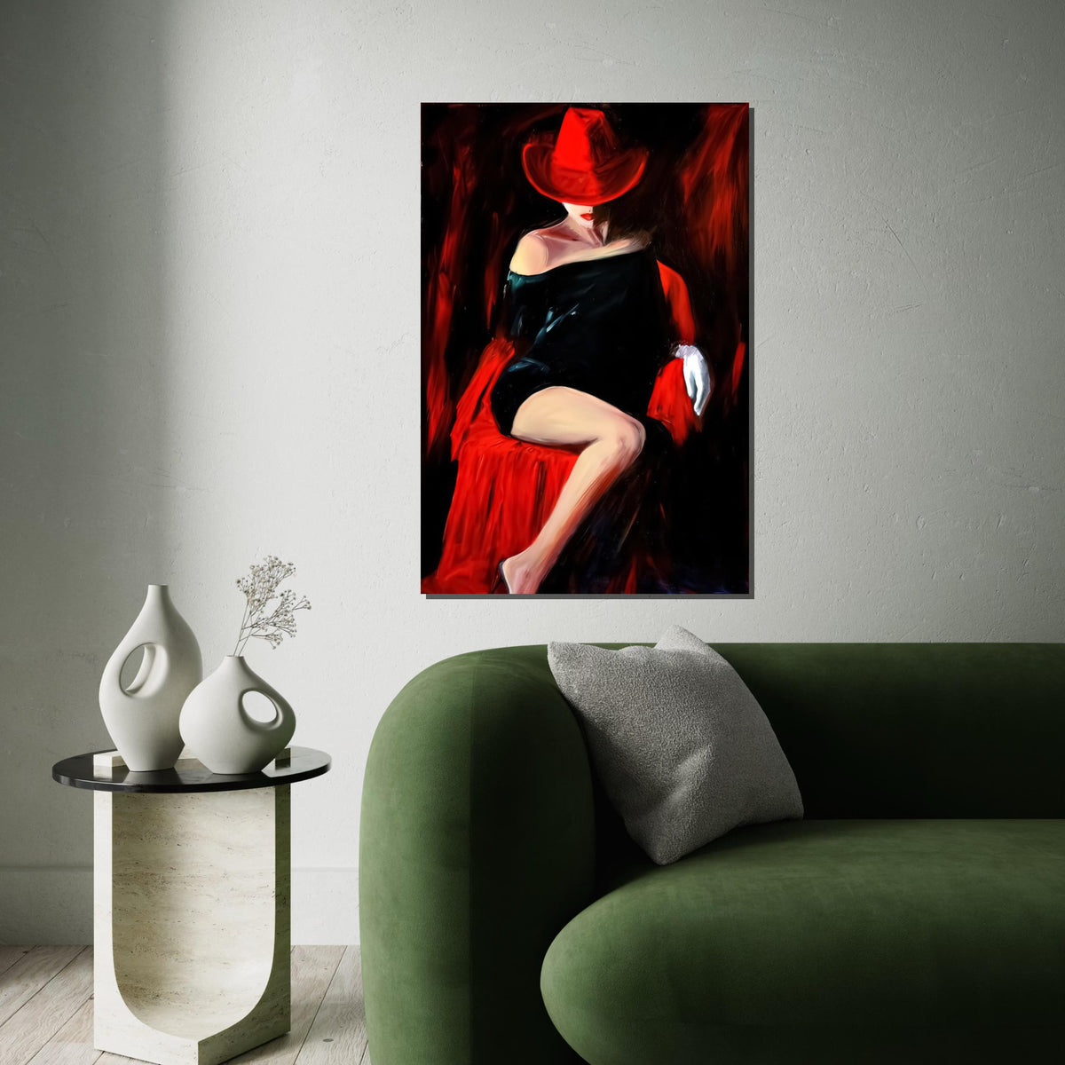 Red Hat Lady Canvas, Elegant Woman in Black Dress, Wall Art Canvas Design, Sophisticated Decor, Ready to Hang Artwork