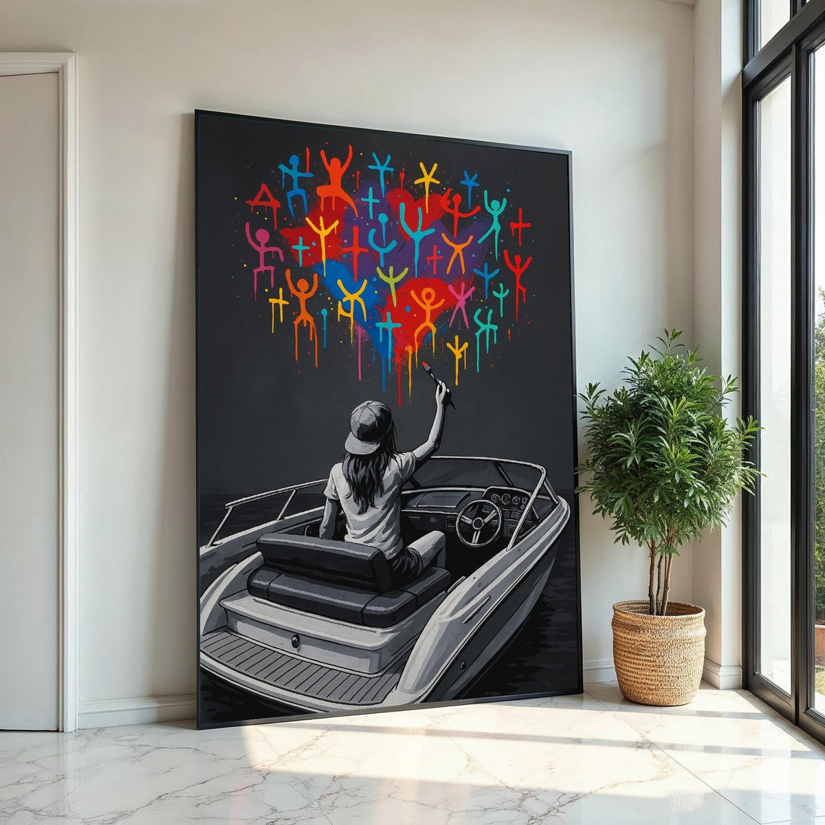 Colorful Boat Graffiti, Street Art Canvas, Vibrant Figures, Wall Art Canvas Design, Ready To Hang Decoration, Modern Graffiti Print