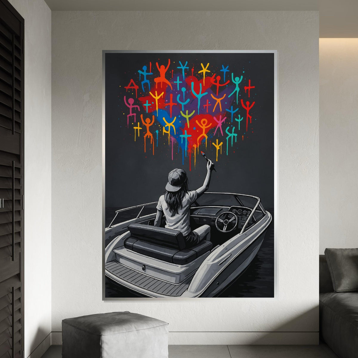 Colorful Boat Graffiti, Street Art Canvas, Vibrant Figures, Wall Art Canvas Design, Ready To Hang Decoration, Modern Graffiti Print