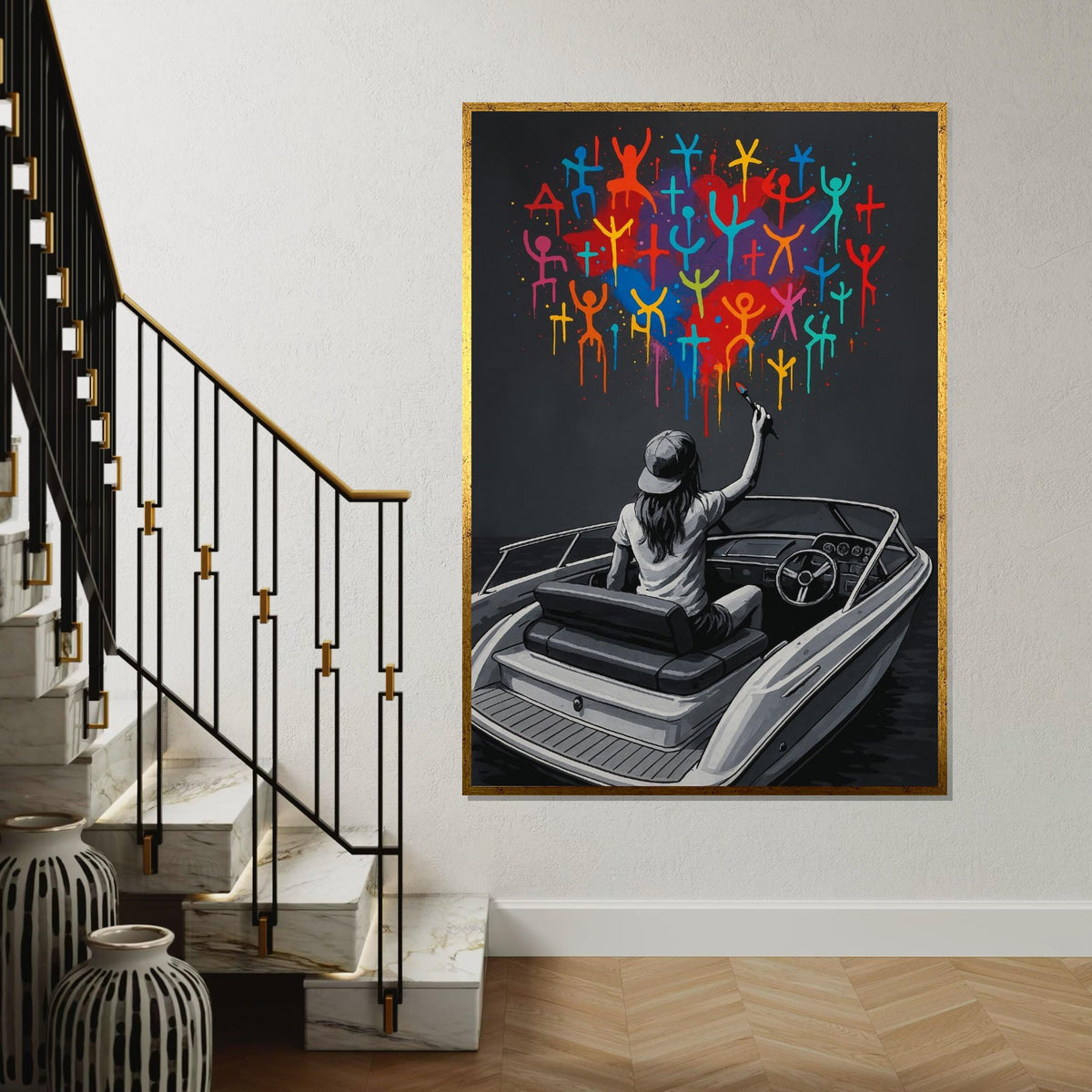 Colorful Boat Graffiti, Street Art Canvas, Vibrant Figures, Wall Art Canvas Design, Ready To Hang Decoration, Modern Graffiti Print