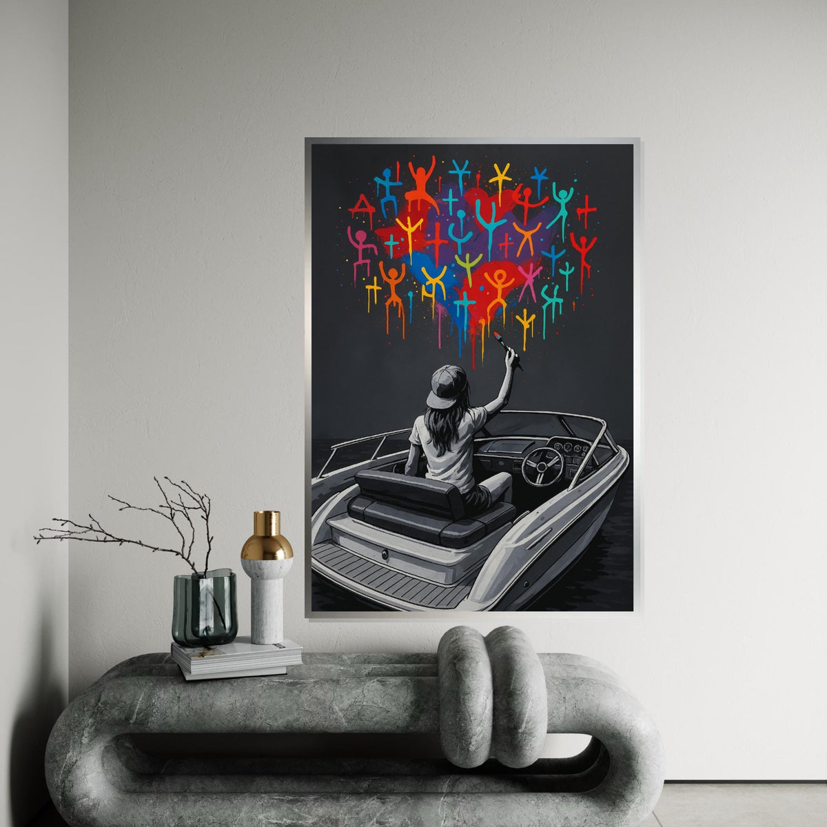 Colorful Boat Graffiti, Street Art Canvas, Vibrant Figures, Wall Art Canvas Design, Ready To Hang Decoration, Modern Graffiti Print