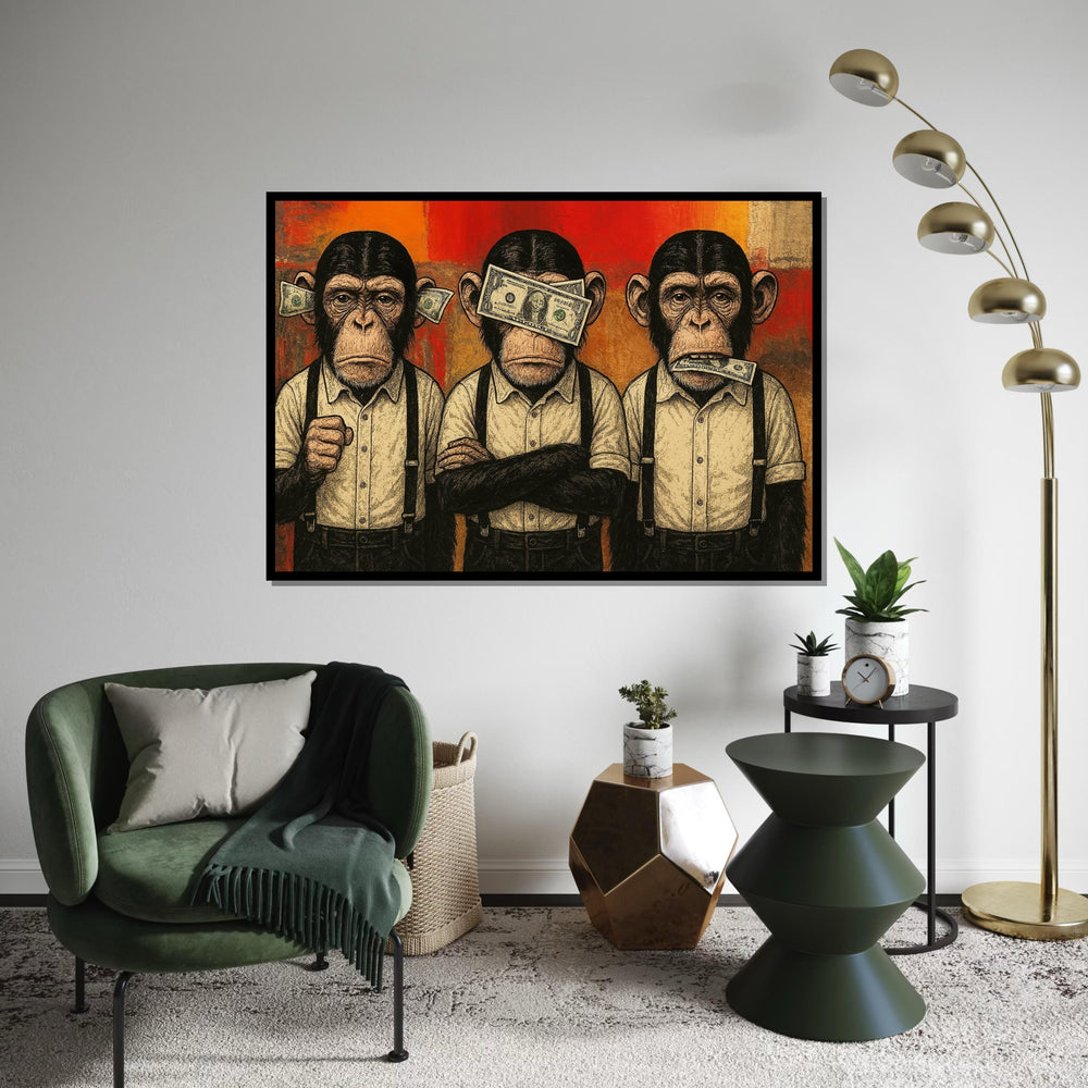 Three Wise Monkeys Canvas, Money Art, Monkey Wall Art, Pop Art Canvas, Wall Art Canvas Design, Ready to Hang Decoration, Print Art