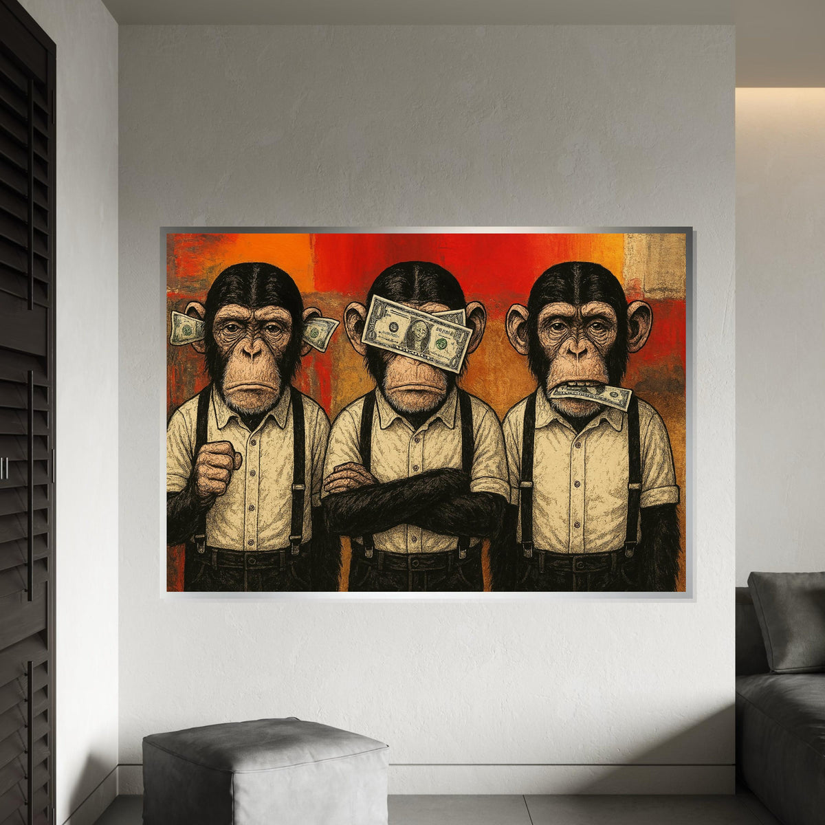 Three Wise Monkeys Canvas, Money Art, Monkey Wall Art, Pop Art Canvas, Wall Art Canvas Design, Ready to Hang Decoration